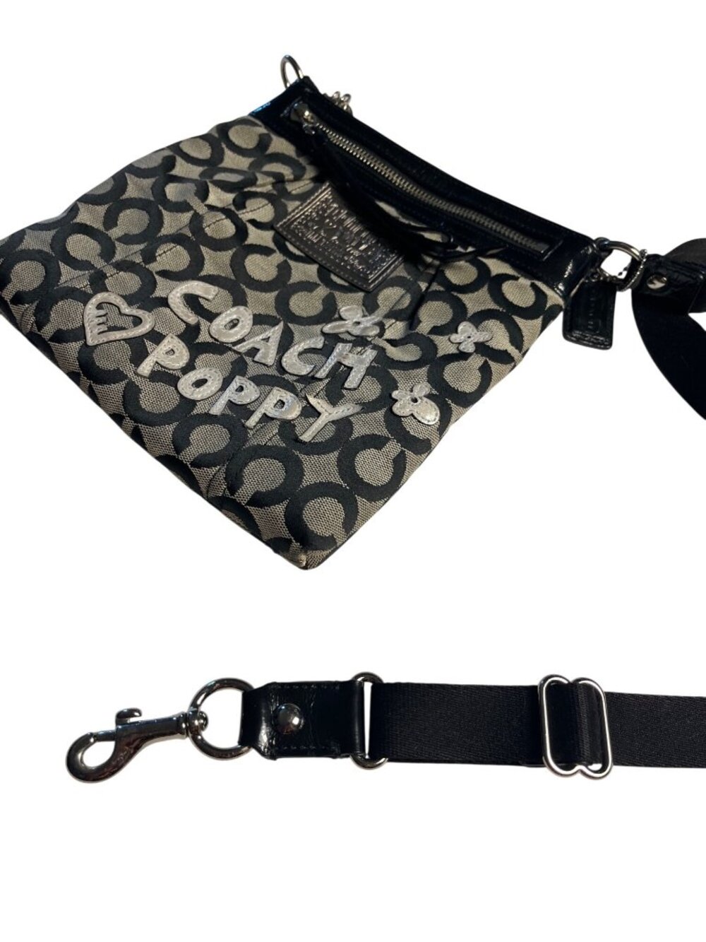 Coach Poppy Black & Gray Signature Jacquard Crossbody Bag Silver Appliqué Accent - Picture 15 of 16